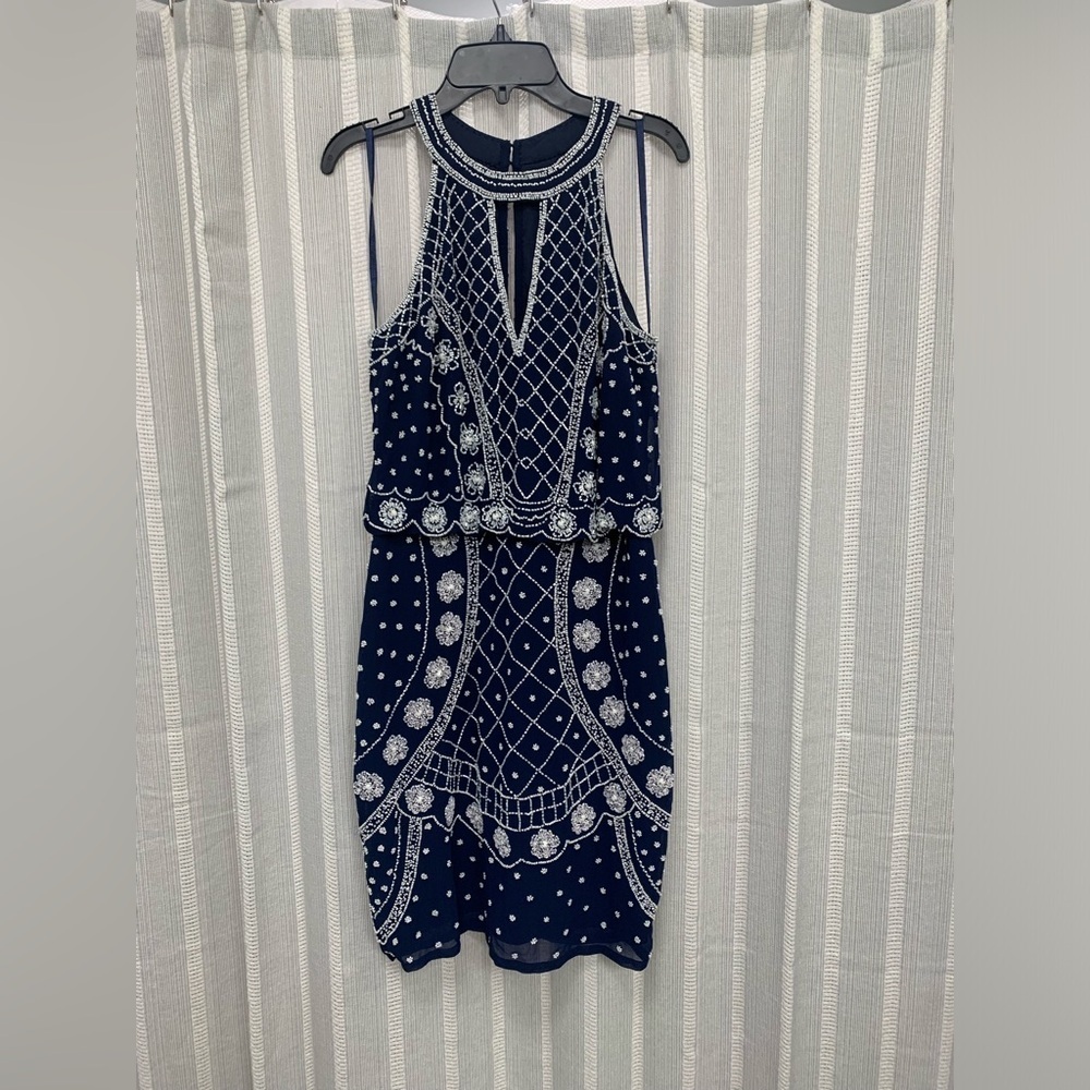 Gianni Bini Beaded Halter Dress Navy Blue with White Beads Size 2